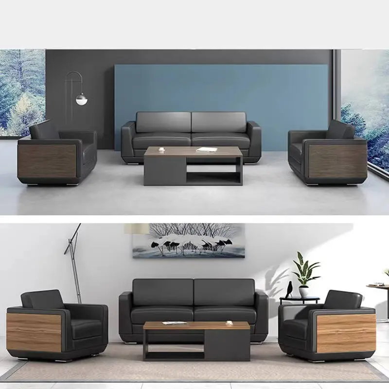 Modern Microfiber Leather Office Sofa with Solid Wood Coffee Table Single or Triple for Business Reception — image 6