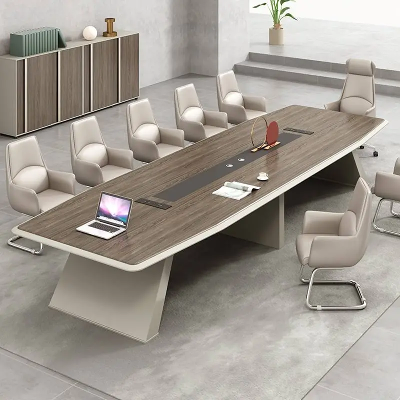 Modern Wood Adjustable Height Conference Desk Set for Office Use with Chairs — view 1