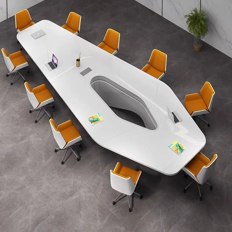 Modern Luxury White Rectangular Wooden Conference Table Set with Creative MDF Meeting Chairs for Home Office & School Us — view 1