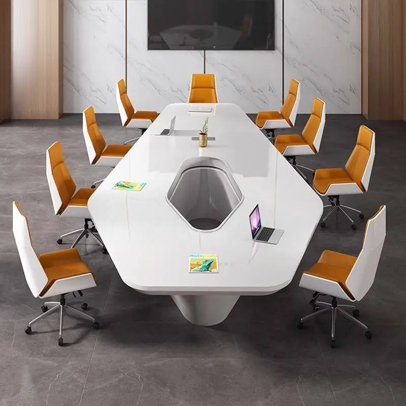 Modern Luxury White Rectangular Wooden Conference Table Set with Creative MDF Meeting Chairs for Home Office & School Use — image 6
