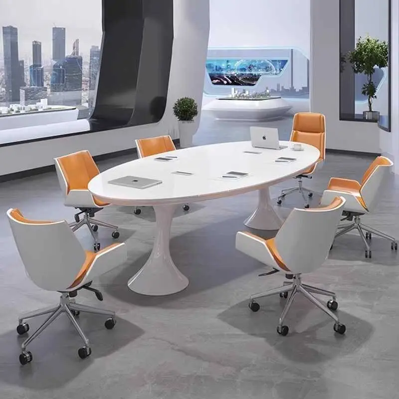 Modern Nordic Style Office Furniture Set White Painted Oval Conference Table Chairs for School Made of Metal Wood Simple Elegant — image 3