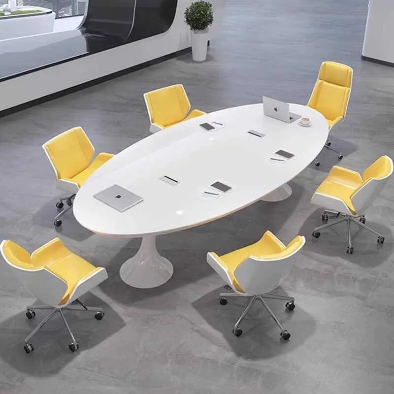 Modern Nordic Style Office Furniture Set White Painted Oval Conference Table Chairs for School Made of Metal Wood Simple Elegant — image 4