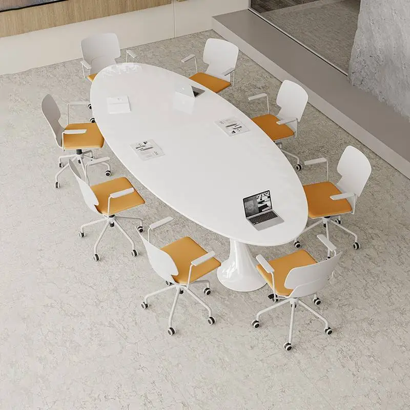 Modern Nordic Style Office Furniture Set White Painted Oval Conference Table Chairs for School Made of Metal Wood Simple Elegant — image 5