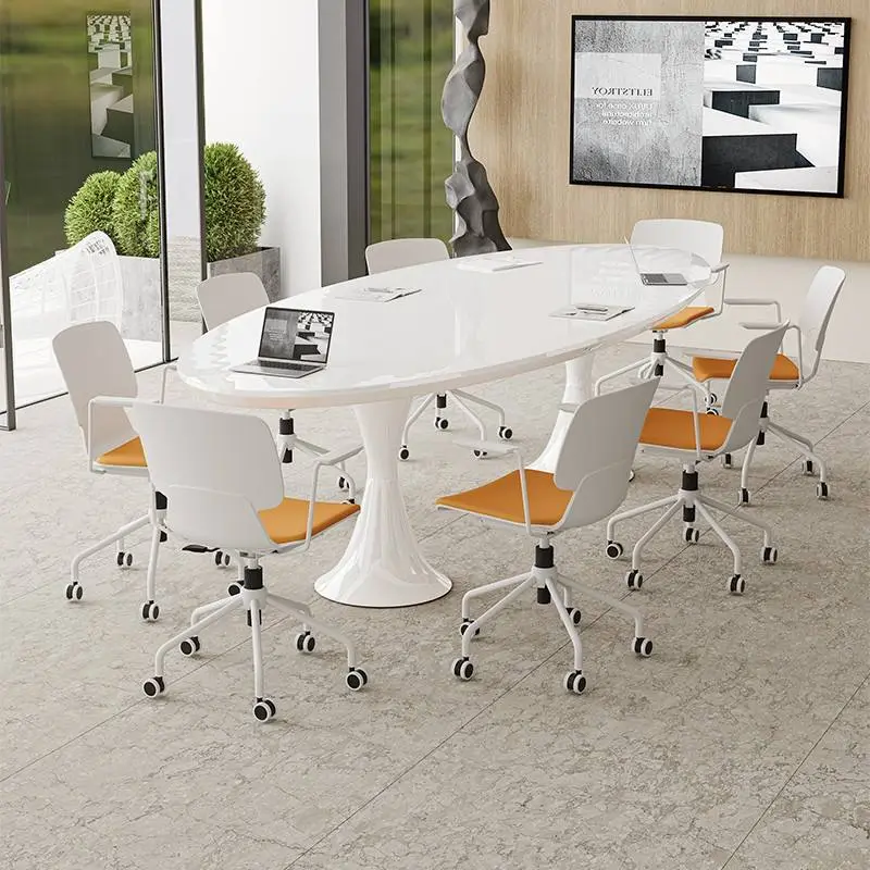Modern Nordic Style Office Furniture Set White Painted Oval Conference Table Chairs for School Made of Metal Wood Simple Elegant — image 6