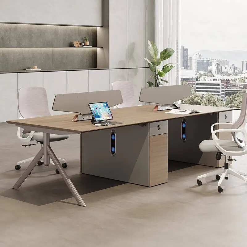 Modern Luxury Wooden Office Desks 4 Seats Modular Workstation Free Combination Panel Office Partition Cubicle for Villa — image 7