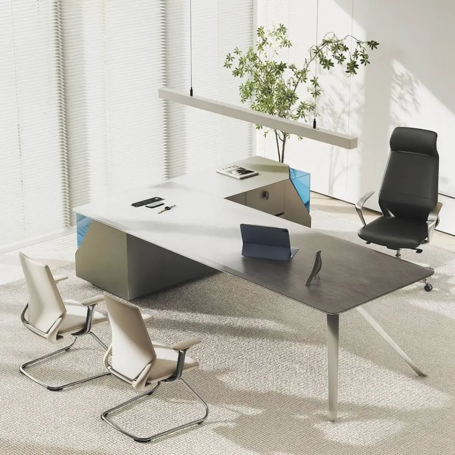 Modern Modular L-shaped Panel Wooden Office Workstation Multi-functional Desk Table Storage Durable Commercial Furniture Villa — image 3