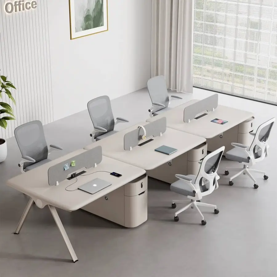 High Gloss Lacquered Open Office Workstation with Built-in USBPower Sockets Modular Staff Desk with Partition & Lockable Cabinet — image 3