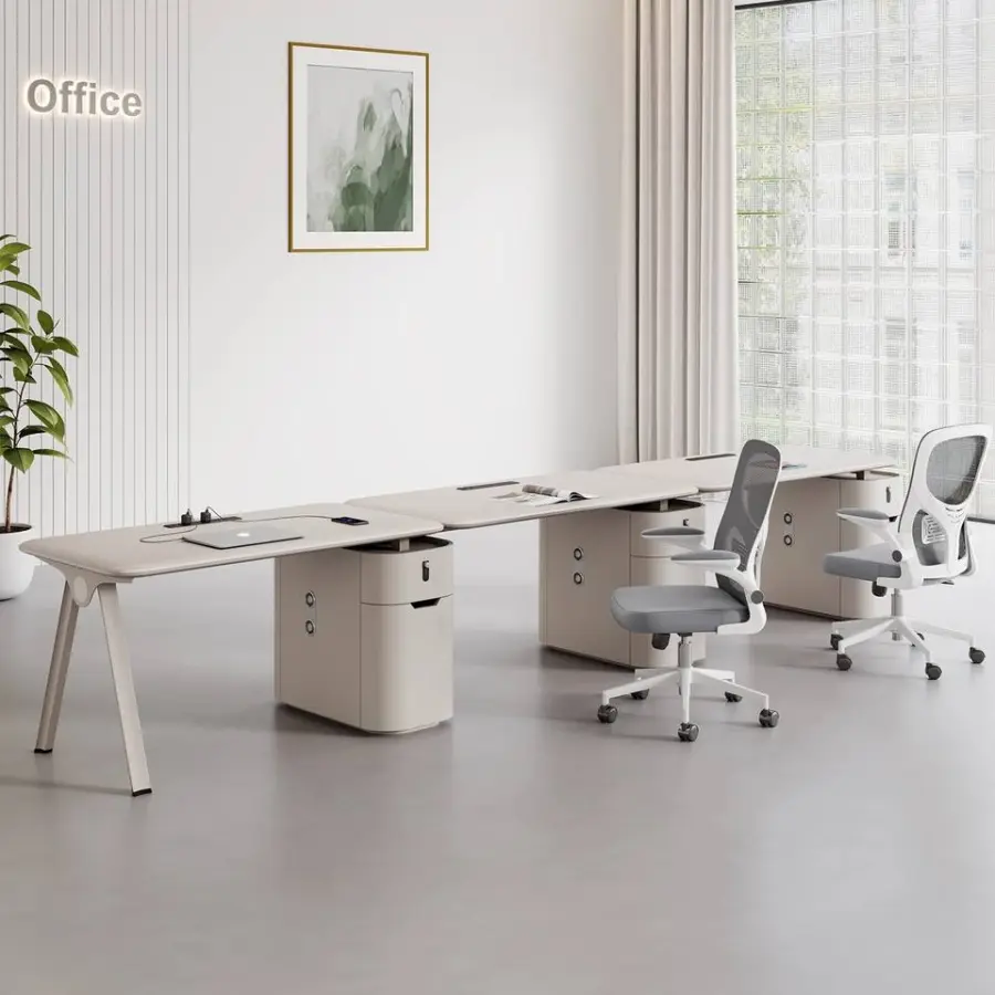 High Gloss Lacquered Open Office Workstation with Built-in USBPower Sockets Modular Staff Desk with Partition & Lockable Cabinet — image 4
