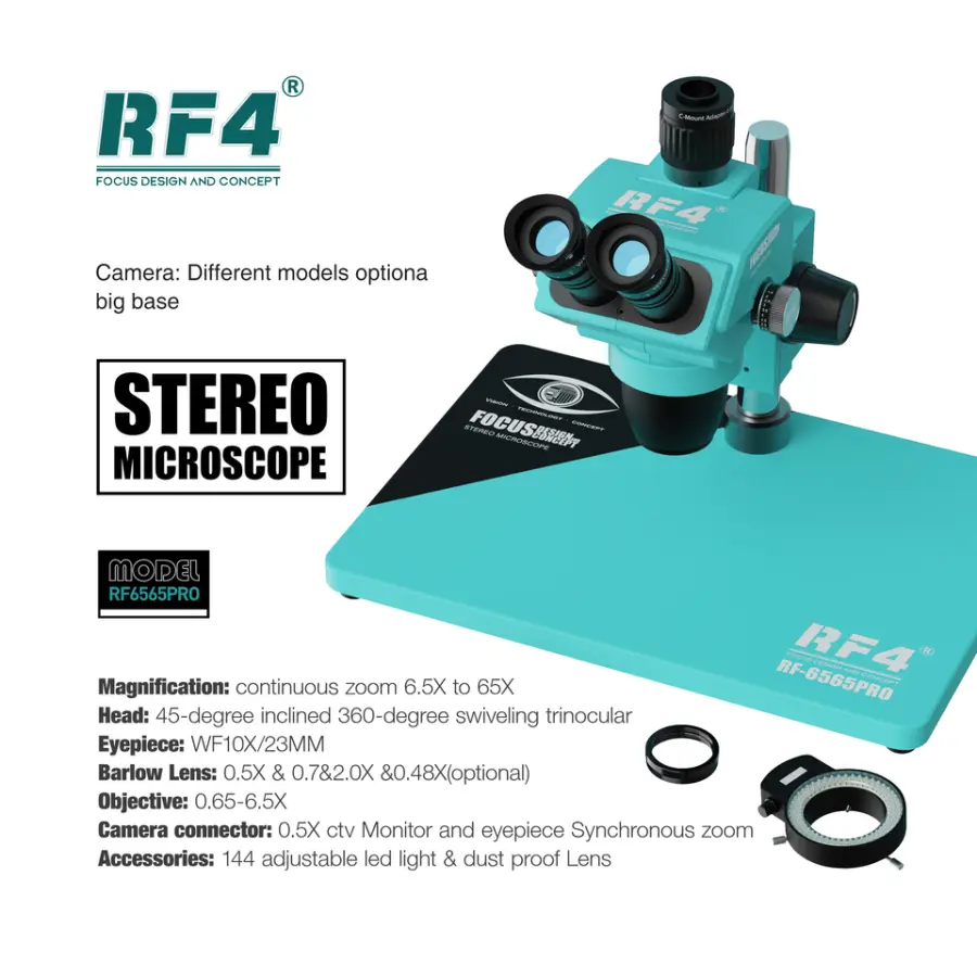 RF4 HD Trinocular Stereo Microscope RF-6565PRO/PRO3 Nine-speed Zoom Lock Key Eyepiece Adjustable Multi-layer Len Dust Structure — image 4