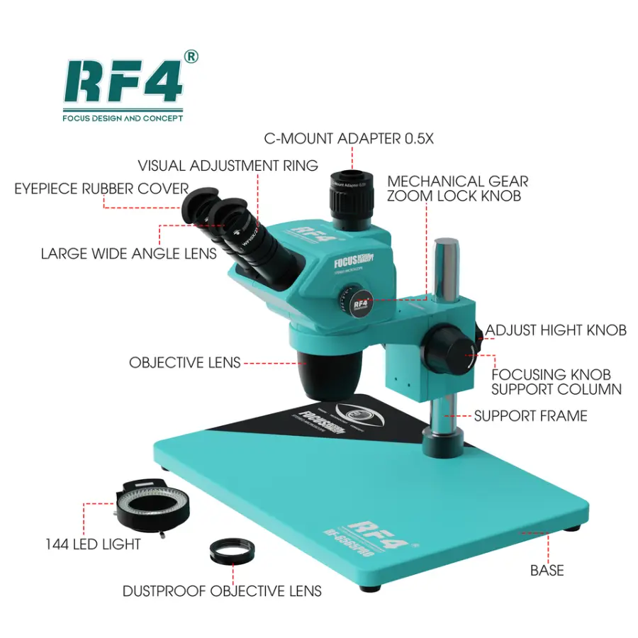 RF4 HD Trinocular Stereo Microscope RF-6565PRO/PRO3 Nine-speed Zoom Lock Key Eyepiece Adjustable Multi-layer Len Dust Structure — image 7