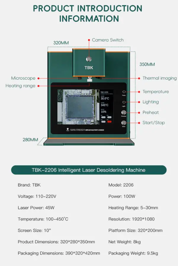 TBK-2206 Intelligent Laser Welding Machine with Thermal Imaging Microscope for Mobile Phone Motherboard Chip Fault Diagnostic — image 6