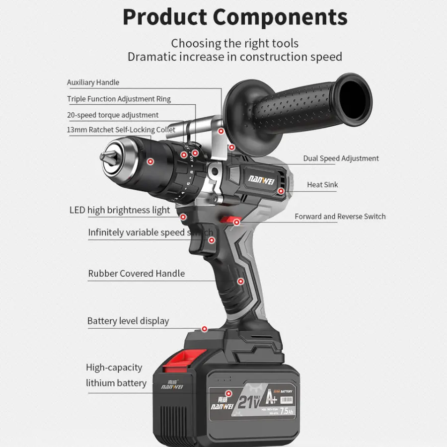 Nanwei 21V Variable Speed Cordless Drill Impact Tool Set Brushless Motor Battery Power Source High Power Impact Drill — view 2