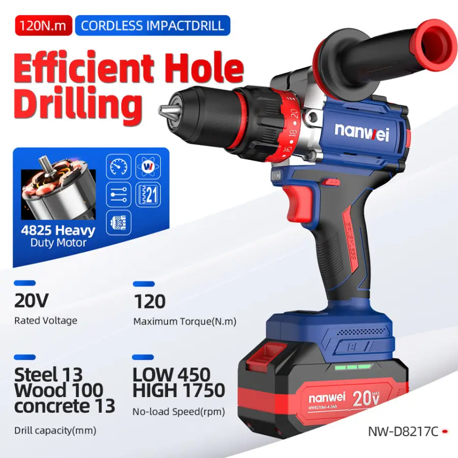 NANWEI 8217C 20V Industrial Electric Impact Screw Driver Wholesale Durable Rechargeable Handy Cordless Power Drill — image 4