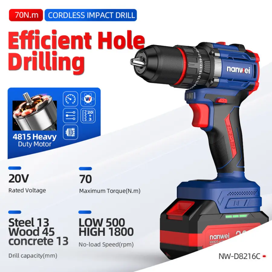 NANWEI 8216C Portable Brushless Electric Power Drills 70N.m Professional Cordless Impact Drill Machine — image 3