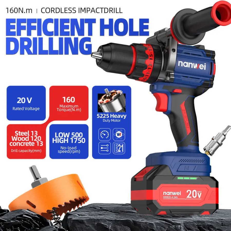 NANWEI 20V Electric Drill Cordless High Performance 1750 Rpm 160Nm Torque Drilling Capacity Wood 120mm Brushless Impact Drill — image 3
