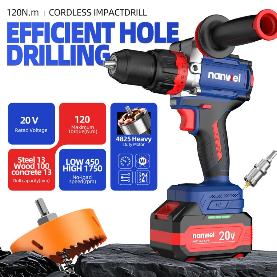 Nanwei 21V Brushless Impact Hammer Drill 13mm Capacity Various Speed Demolition Drills Customized OEM Supported Factory Price — image 2