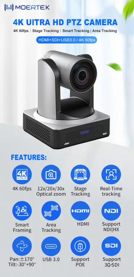 4K60fps PTZ Camera System Bundle with AI Human Tracking 20x Optical Zoom PoE NDI HX2 SDI Over IP for Live Streaming Broadcast — image 3
