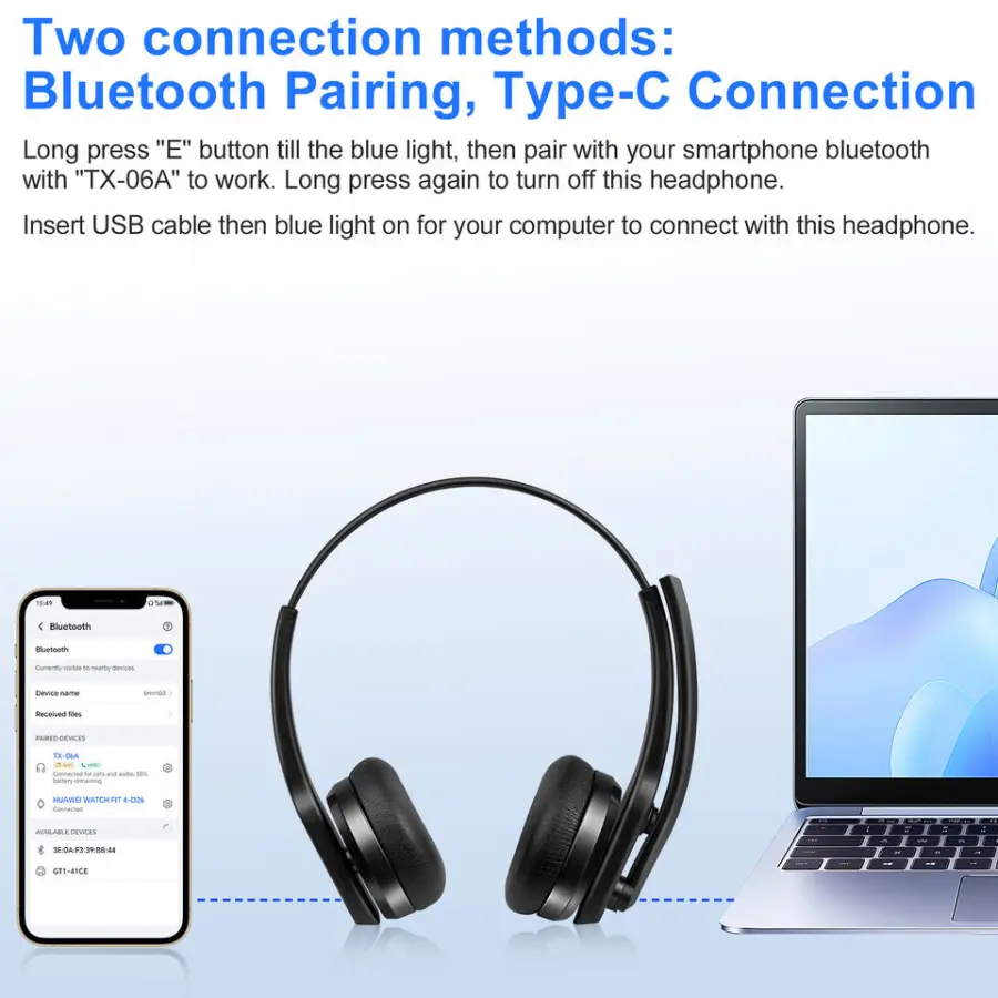 Wireless Bluetooth Headset ENC Noise Canceling Microphone 14H Playtime Over-Ear Headphones with Mute Button for PC Laptop Phone — image 3