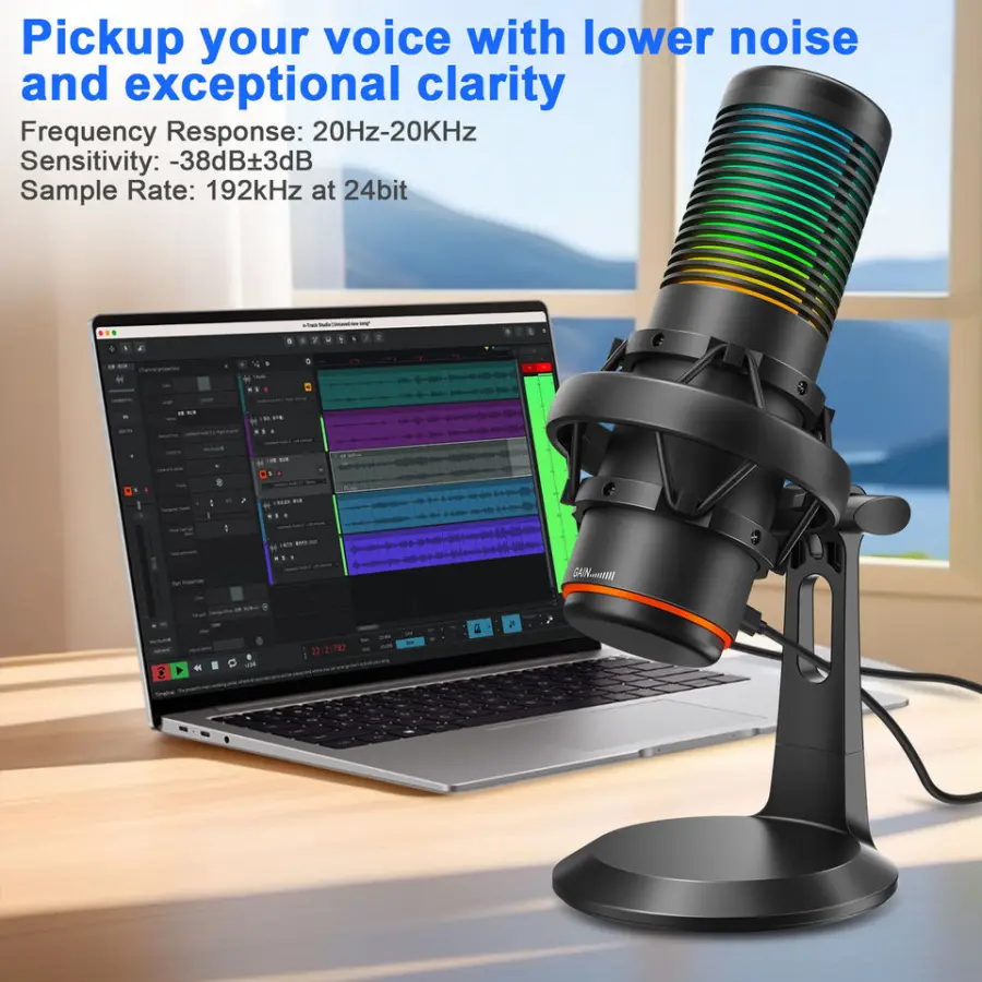 Condenser Microphone with RGB Light, Professional Streaming Mic 192kHz/24bit Cardioid/Omnidirectional for PC Mac Gaming Podcast — image 2