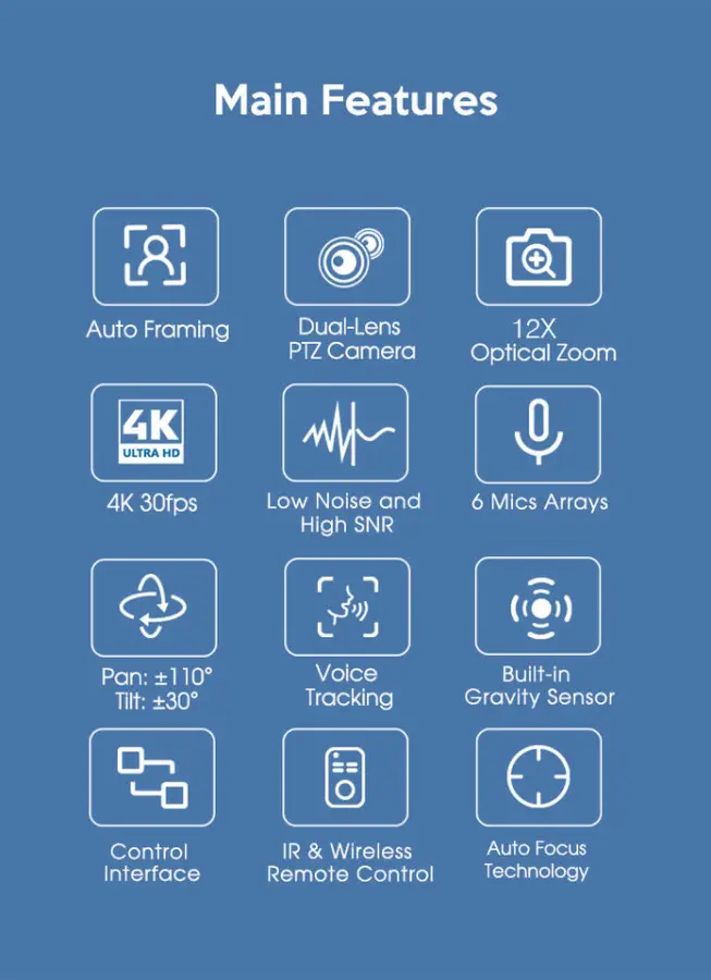 4K AI Voice Tracking PTZ Camera NDI Streaming Auto Framing Camera Gesture Control HDMI USB-C Webcam Video Camera Live Stream — image 7