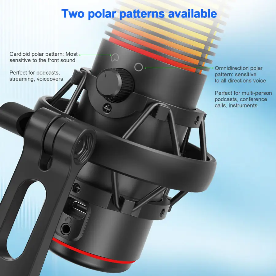 Condenser Microphone with RGB Light, Professional Streaming Mic 192kHz/24bit Cardioid/Omnidirectional for PC Mac Gaming Podcast — image 5