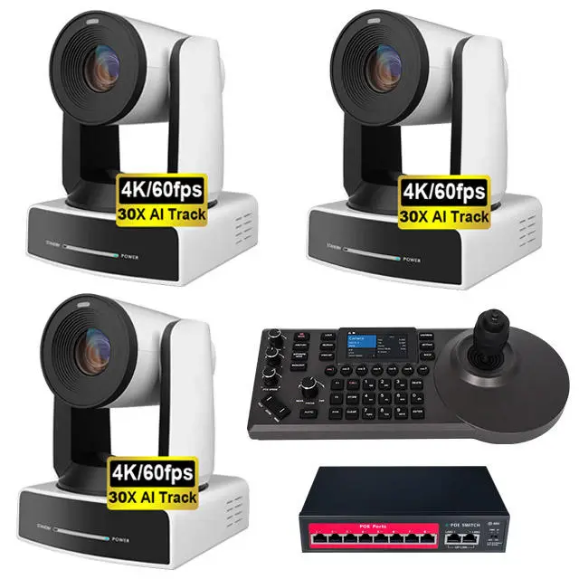 Professional 4K PTZ Video Conference Camera Kit - 3 Cameras & Controller, AI Tracking, 30x Zoom, NDI HX2, HDMI/USB — view 1