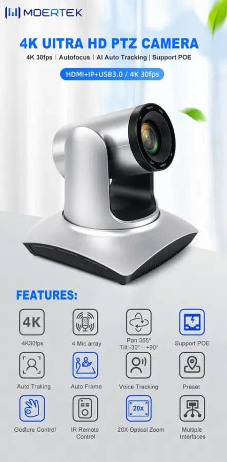 4K 20X Zoom AI Tracking Auto Frame PTZ Camera System Kit=4 Cameras+1 POE Controller for Church Live Streaming Video Conferencing — image 5