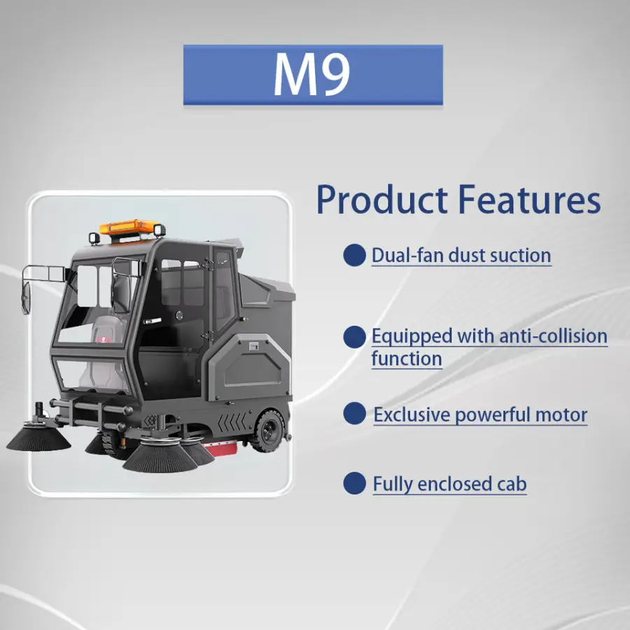 CleanHorse M9 New Self-Propelled 48V Battery Operated Full Enclosed Ride-On Industrial Floor Sweeper Machine with Four 500W Fans — image 7