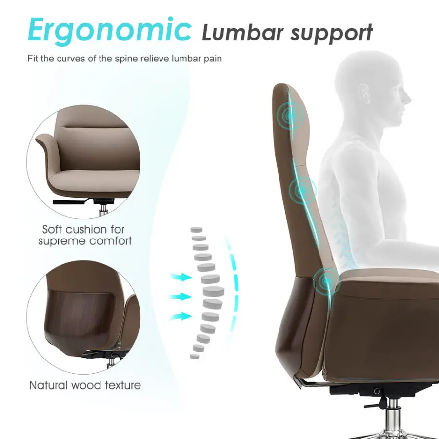 Modern Luxury High Back Executive Director Office Chair with Natural Wood Veneer Design Ergonomic Leather Boss Manager Chair — image 5