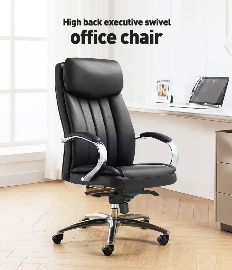 Factory Direct Sale High Back Executive Swivel Office Chair Chrome Metal Armrest With PU Padded Armpad Leather Chair — image 6
