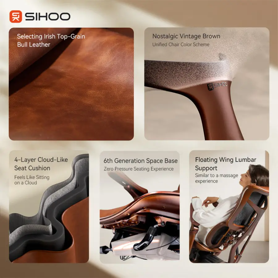 SIHOO S300L Top-Grain Bull Leather High Luxury Executive Chair Manager Chair Floating Wing Lumbar Support Quality Office Chair — image 4