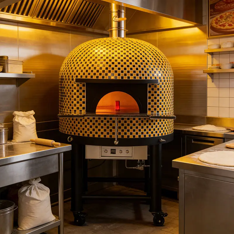 Indoor Commercial Mosaic Tile Stone Pizza Kiln Dual Fuel Gas Electric Heating Oven Single Desktop Round Device — view 1