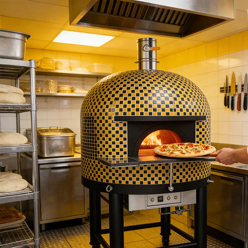 Indoor Commercial Mosaic Tile Stone Pizza Kiln Dual Fuel Gas Electric Heating Oven Single Desktop Round Device — view 3