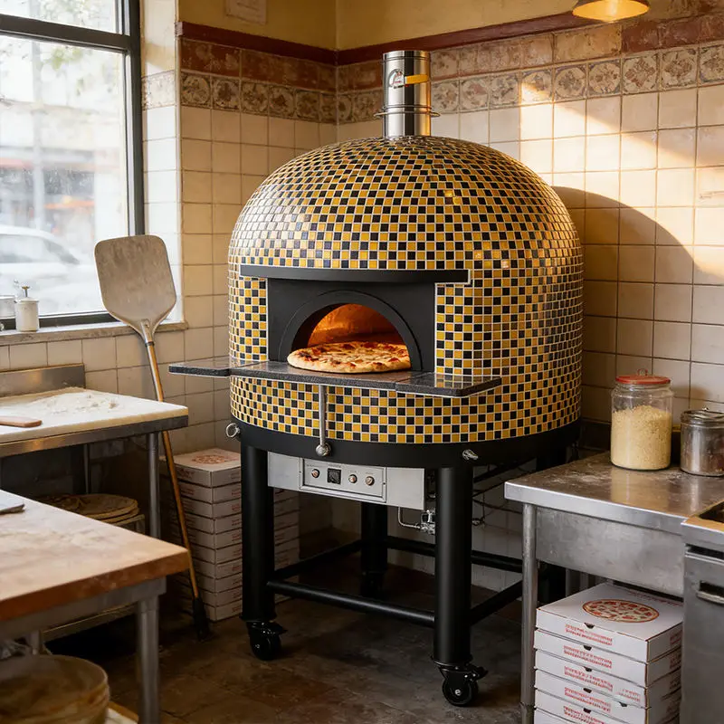 Indoor Commercial Mosaic Tile Stone Pizza Kiln Dual Fuel Gas Electric Heating Oven Single Desktop Round Device — view 4