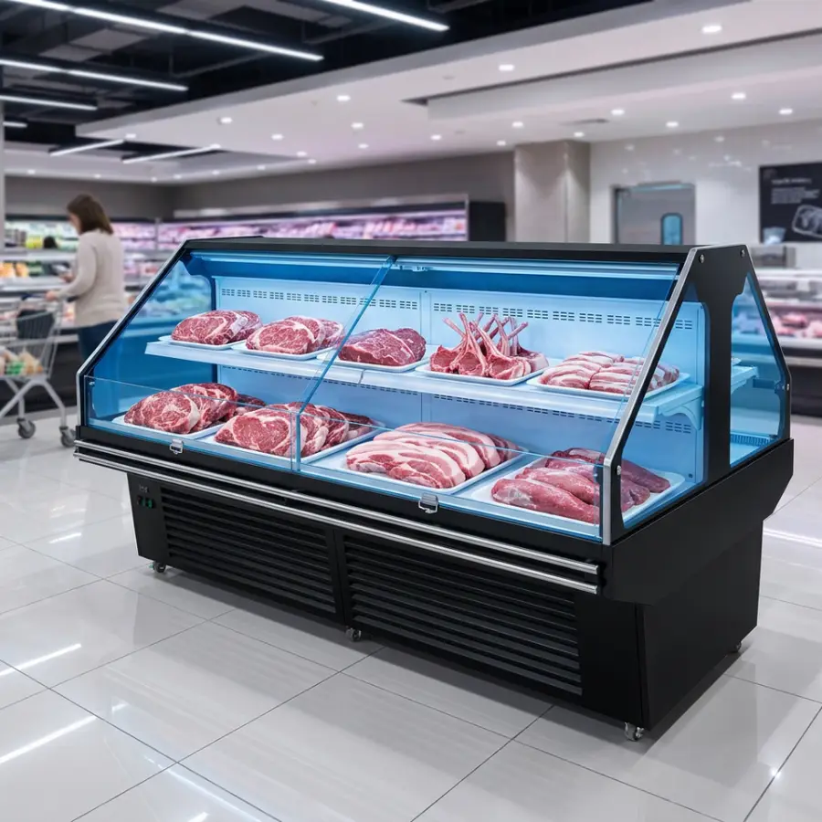 Custom OEM Double Sided Double Layer Meat Refrigerated Island Cabinet Glass Refrigerator Display Cooler Counter For Meat — image 3