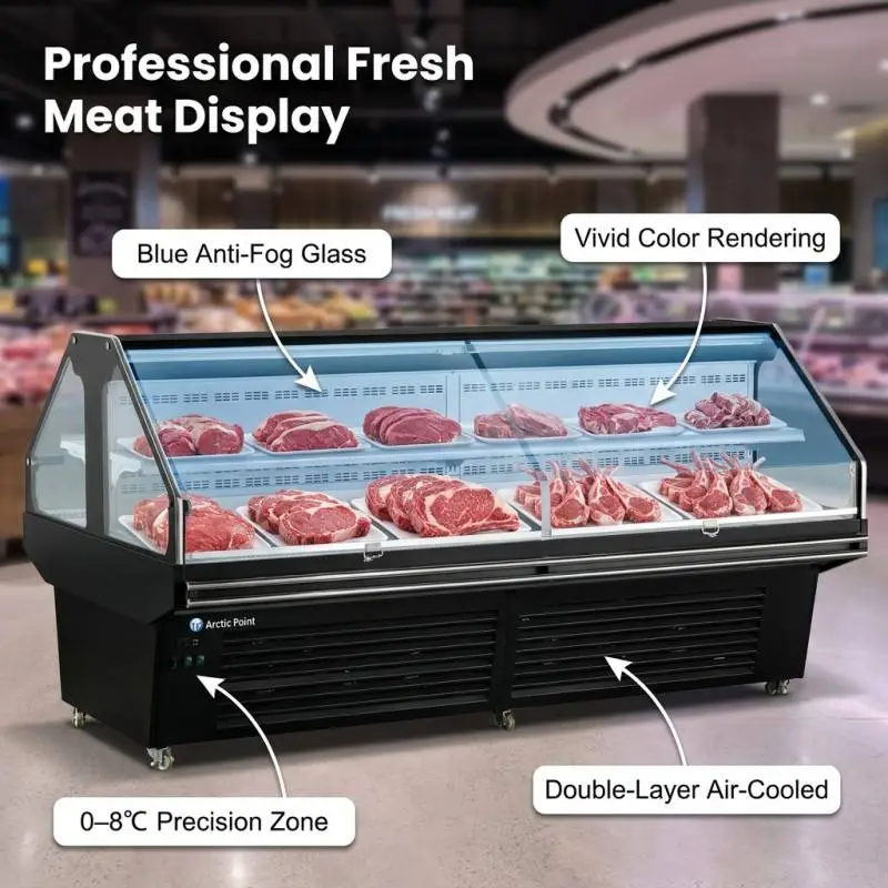 Custom OEM Double Sided Double Layer Meat Refrigerated Island Cabinet Glass Refrigerator Display Cooler Counter For Meat — image 5
