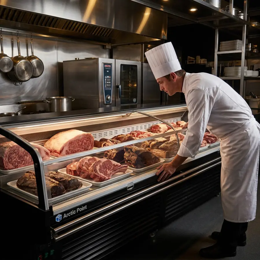 OEM Double-Sided Meat Display Refrigerator Cabinet Island Serve-Over Counter 290-465l Meat Display Chiller For Supermarket — image 3