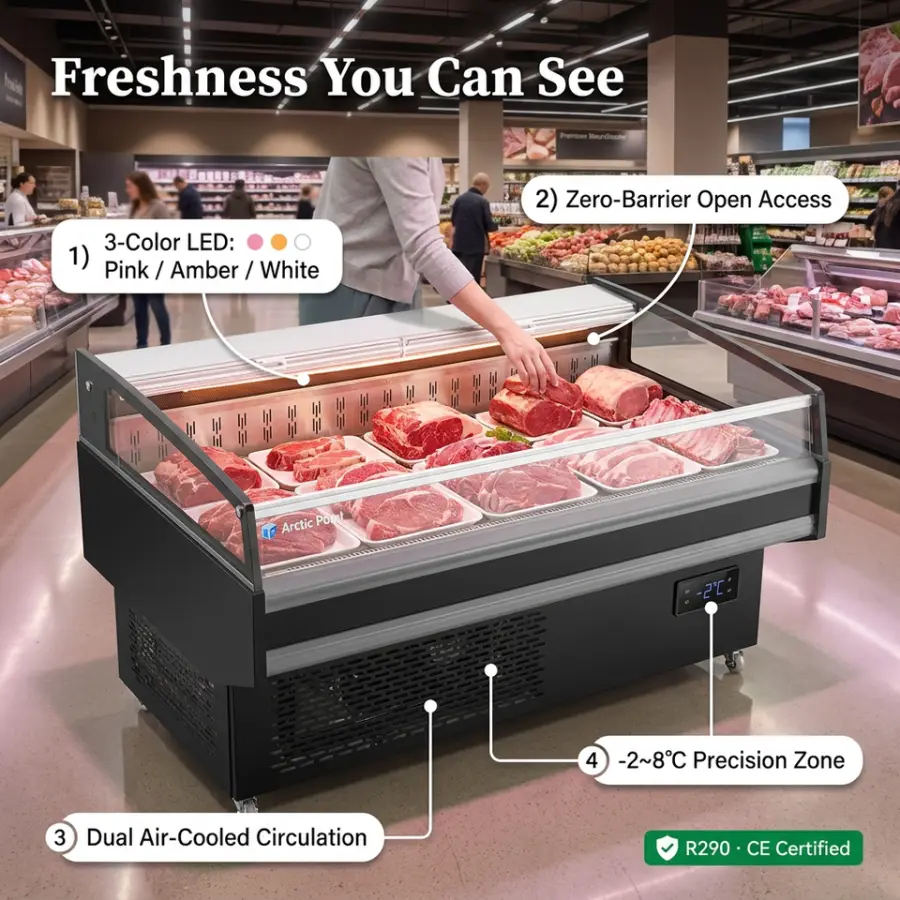 Commercial Fresh Meat Island Counter Open Type Air Cooling Deli Display Case -2~5°C Meat Display Fridge for Supermarket — image 4