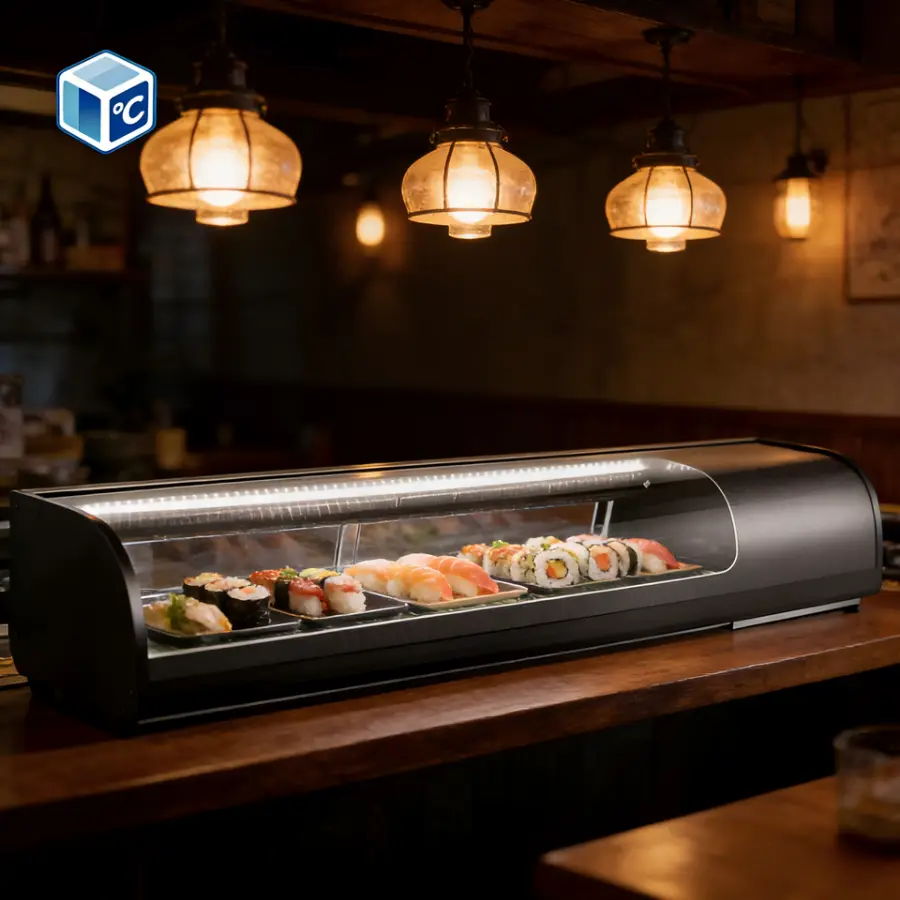 CE CB ETL Sushi Display Fridge Curved Front Countertop Sushi Showcase Black White Sushi Display Refrigerator With LED Light — image 7