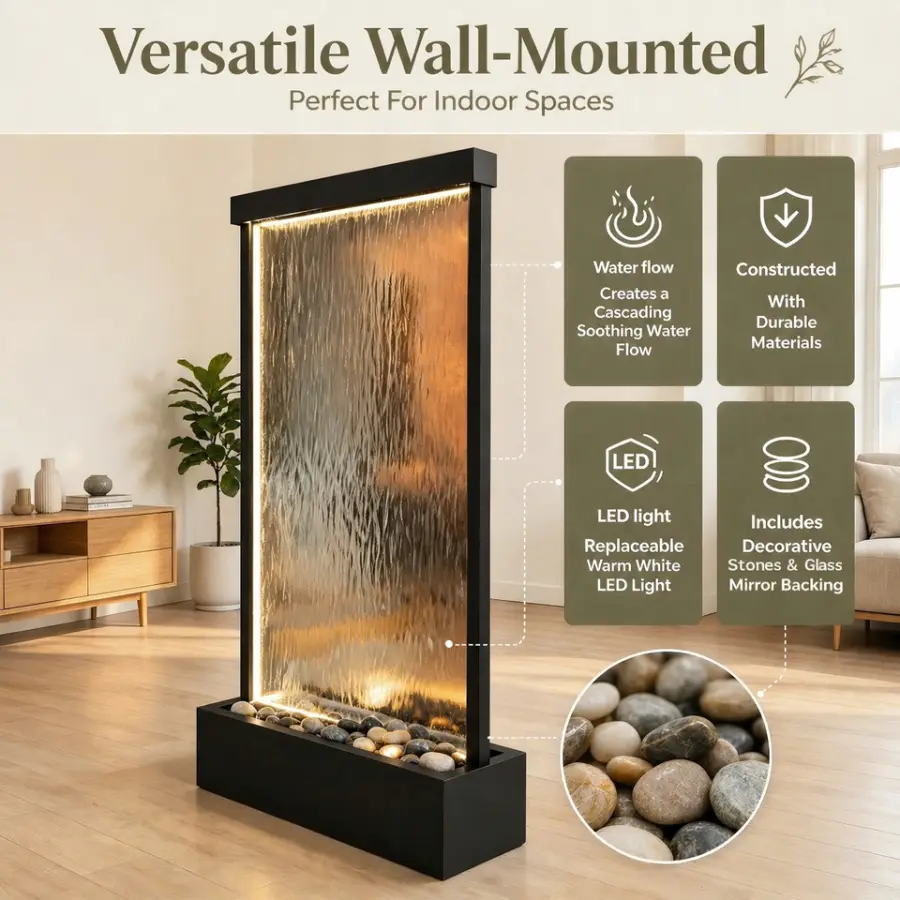 2m wide by 2.05m height Custom Made Indoor Glass Waterfall Fountain Free Standing WaterFall Wall Panel — image 5