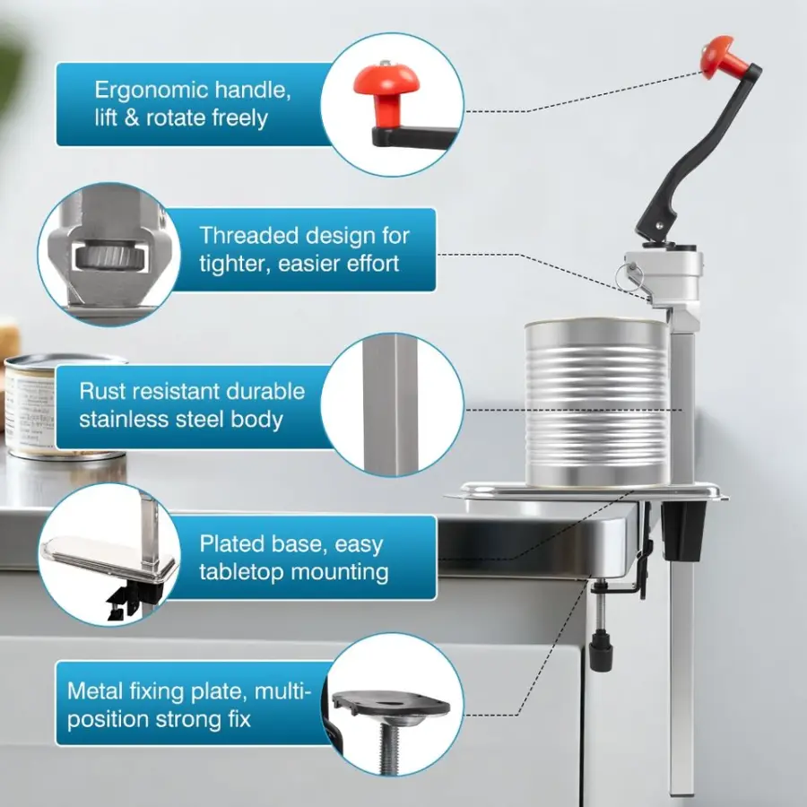Manual Cast Iron Can Opener Commercial Table Clamp Adjustable Height 0-40cm for Restaurant Kitchen Bar — image 4