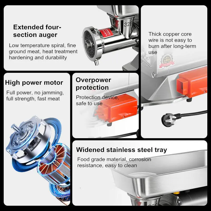 New Commercial Automatic Meat Grinder Heavy-Duty Stainless Steel Sausage Stuffer&Mincer 2200W High Power Motor Butcher Shops — image 4