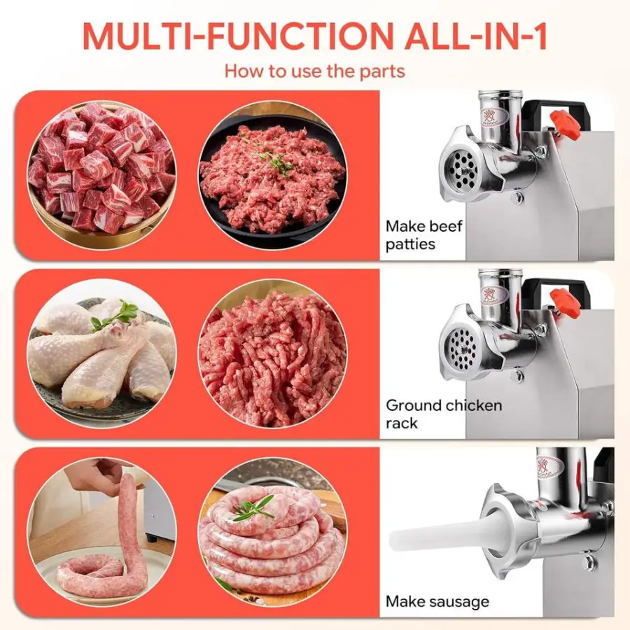 Commercial Electric Meat Grinder 400W 265LBS/H Stainless Steel 2 Blades/Grinding Discs/Stuffing Tubes New 1 Year Warranty Home — image 3
