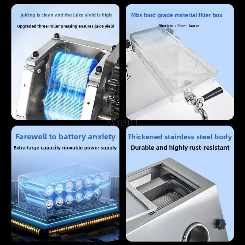 Electric 3 Roller Sugar Cane Juicer Machine Commercial Stainless Steel Desktop Portable 24V Battery Powered Extractor — image 4