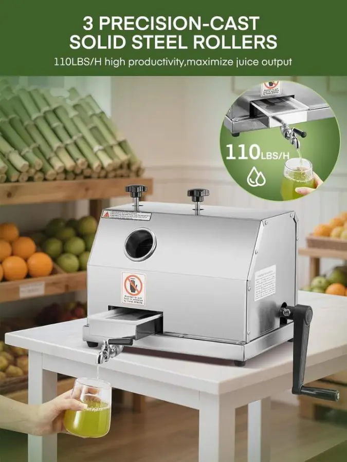 Commercial Restaurant Retail Use Sugarcane Juicer 110LBS/H High Output 3 Stainless Steel Rollers 2.4" Large Inlet Manual — image 6