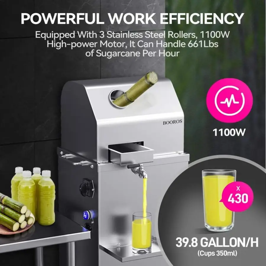 CHANG QING Cq-8439 Automatic Sugarcane Juice Machine 1100W 3 Stainless Steel Rollers 2.4" Extra Large Inlet 300KG/H High Output — image 5