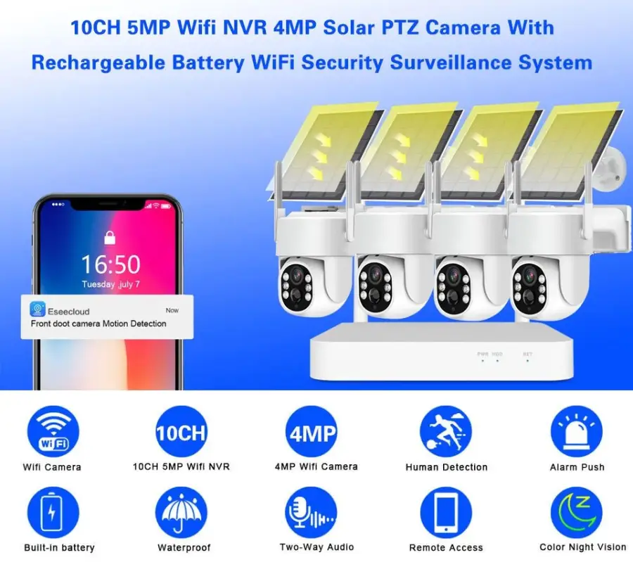 EseeCloud 4CH 4MP Wifi NVR Wireless Solar Camera CCTV Kit Security System Night Vision Battery Powered Solar Wifi Camera Kit — image 5