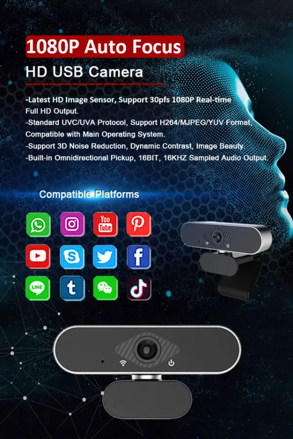 Cheap H.264 YUV MJPEG 30fps 1080p 2.0MP Auto Focus USB 2.0 CMOS Sensor 360 Degree Free Rotation Stock Web Camera — image 3