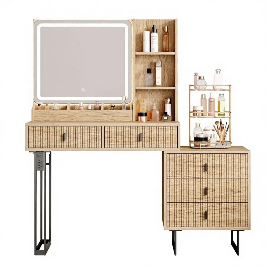 Large Modern Oak Wood Vanity Desk with Touch Screen Dimming Mirror Charging Station 5 Sliding Drawers & Storage Shelves — view 1
