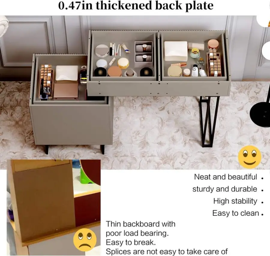 Large Modern Oak Wood Vanity Desk with Touch Screen Dimming Mirror Charging Station 5 Sliding Drawers & Storage Shelves — image 2